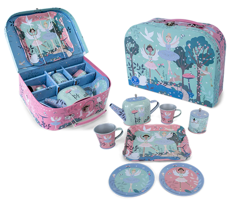 Tea Set | Enchanted 9 piece kids tea set with ballet dancer illustrations and pastel carry case for imaginative play.