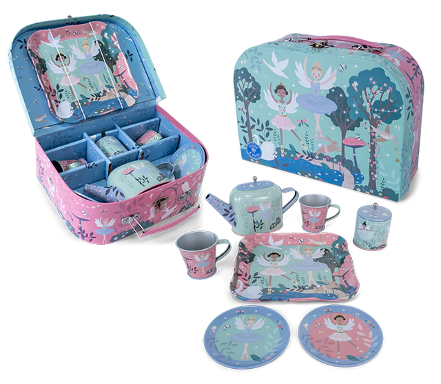 Tea Set | Enchanted 9 piece kids tea set with ballet dancer illustrations and pastel carry case for imaginative play.