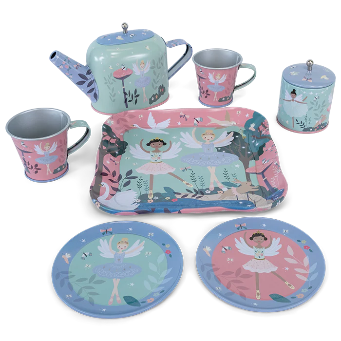 Tea Set | Enchanted 9 piece pastel tea set featuring ballet dancers, flowers, woodland creatures in a carry case.