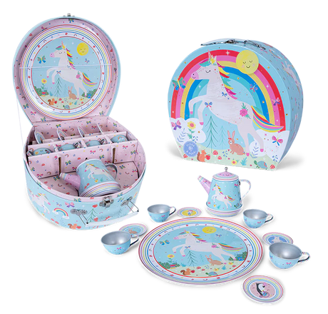 Musical Tea Set | Rainbow Fairy with unicorn design, teapot plays music, includes cups, saucers, tray, and carry case.