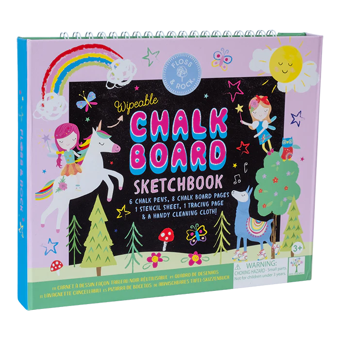 Chalkboard Sketchbook | Rainbow Fairy with wipeable chalk pages, 6 chalk pens, stencil, tracing sheet, and cleaning cloth.