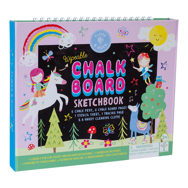 Chalkboard Sketchbook | Rainbow Fairy with wipeable chalk pages, 6 chalk pens, stencil, tracing sheet, and cleaning cloth.