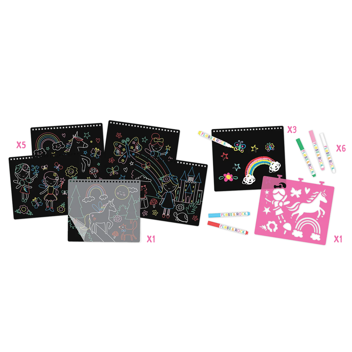 Chalkboard Sketchbook | Rainbow Fairy with 8 wipeable pages, chalk pens, stencil, tracing sheet, and cleaning cloth.