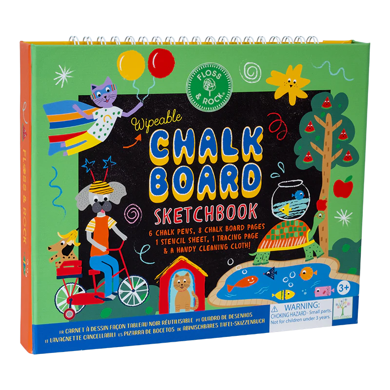 Chalkboard Sketchbook | Pets with wipeable pages, chalk pens, stencil, tracing sheet, and pet-themed illustrations for kids.