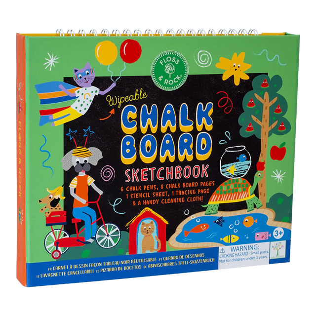 Chalkboard Sketchbook | Pets with wipeable pages, chalk pens, stencil, tracing sheet, and pet-themed illustrations for kids.