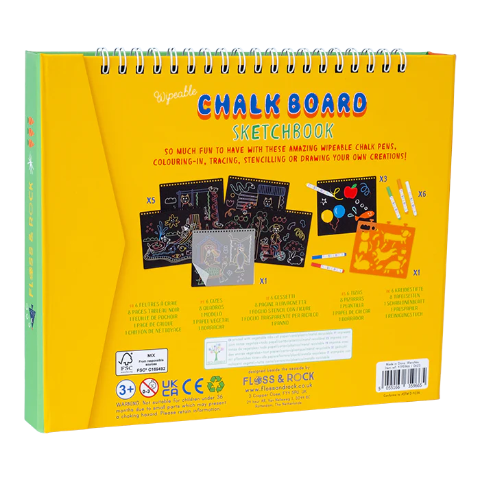 Chalkboard Sketchbook | Pets showing wipeable pages, chalk pens, stencil and tracing sheets in a spiral-bound book.