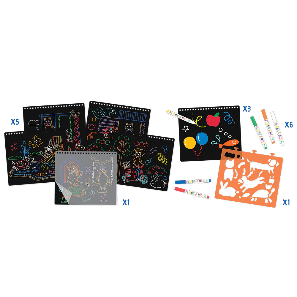 Chalkboard Sketchbook | Pets with colorful chalk drawings, pet stencil, tracing sheet, pens, and cleaning cloth set.