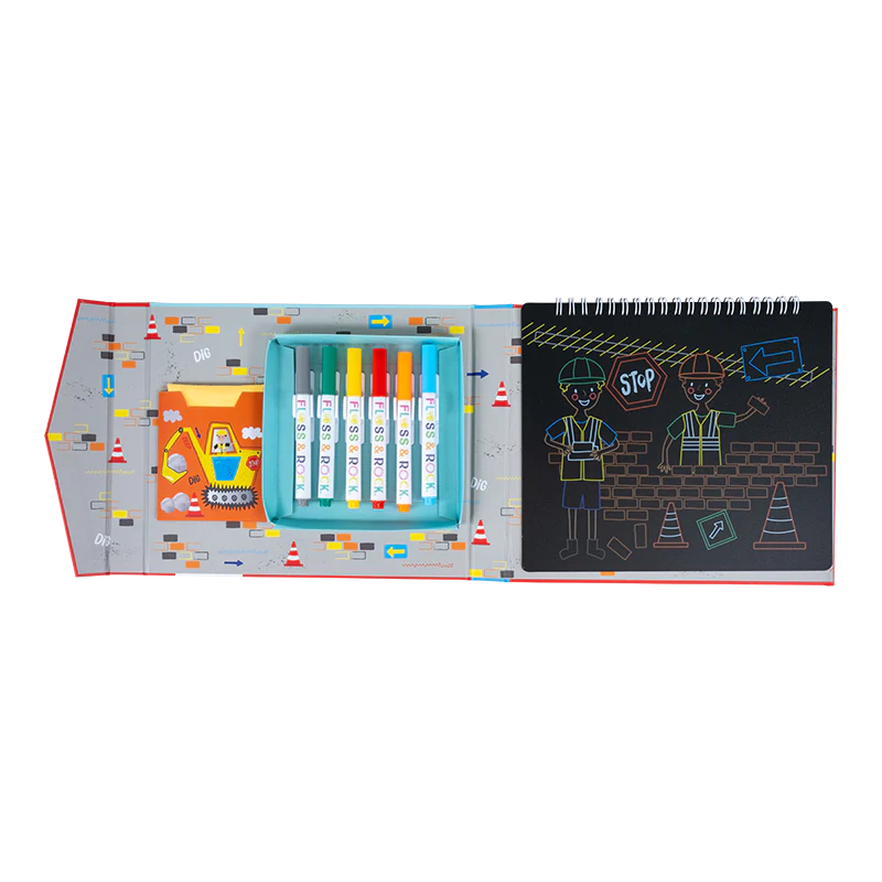 Chalkboard Sketchbook | Construction with colored chalk pens, wipeable pages, and construction-themed illustrations.