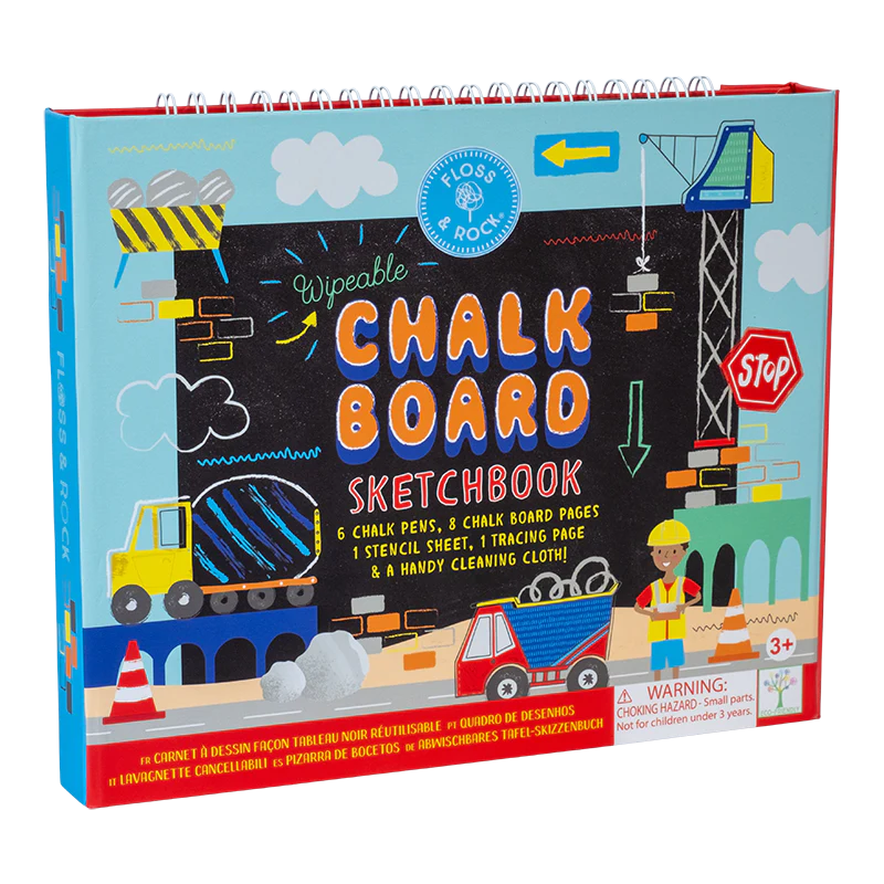 Chalkboard Sketchbook | Construction with wipeable pages, 6 chalk pens, stencil, tracing sheet, and cleaning cloth.
