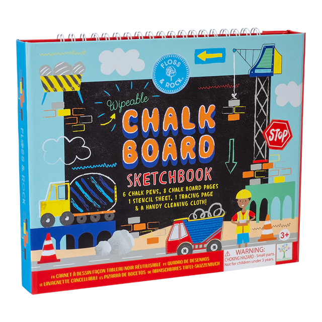 Chalkboard Sketchbook | Construction with wipeable pages, 6 chalk pens, stencil, tracing sheet, and cleaning cloth.