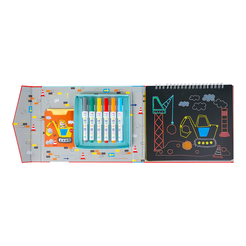 Chalkboard Sketchbook | Construction with wipeable pages, 6 chalk pens, and construction-themed illustrations.