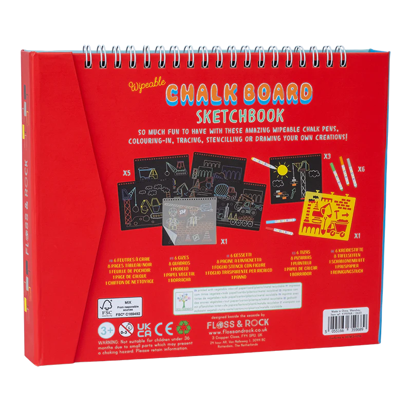 Chalkboard Sketchbook | Construction with wipeable pages, chalk pens, tracing and stencil sheets for creative play.