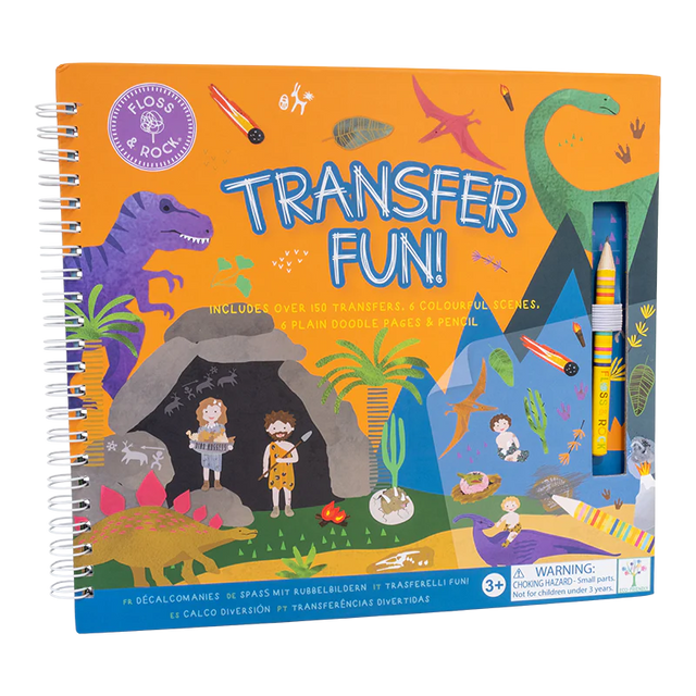 Transfer Fun | Dino spiral book with dino transfers, colorful scenes, doodle pages, and a pencil for creative play.