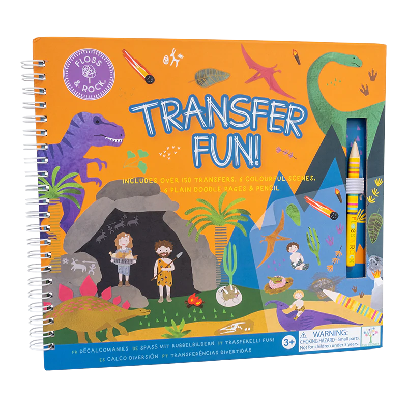 Transfer Fun | Dino spiral book with dino transfers, colorful scenes, doodle pages, and a pencil for creative play.