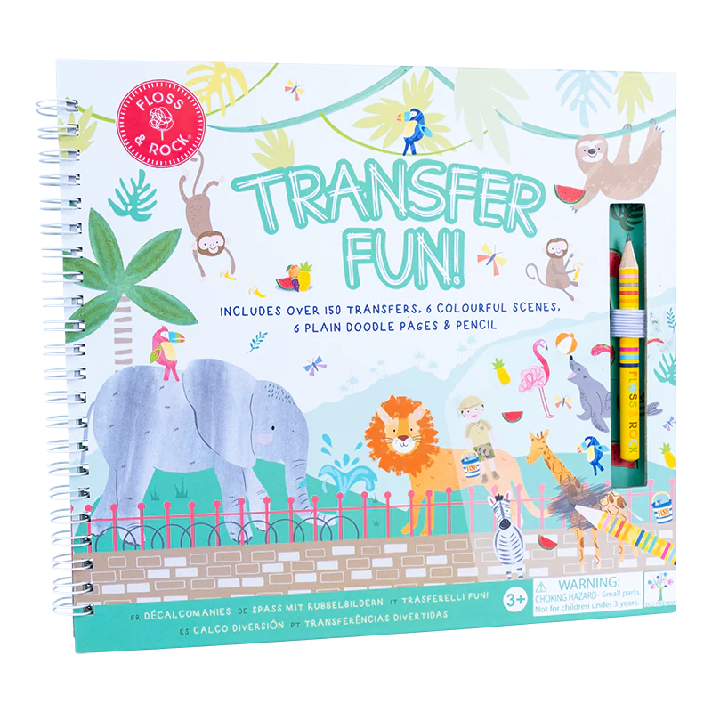 Transfer Fun | Jungle spiral book with 150+ dino transfers, colorful jungle scenes, doodle pages, and pencil for creative play.
