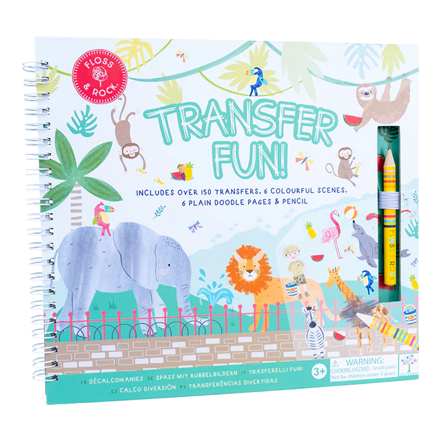 Transfer Fun | Jungle spiral book with 150+ dino transfers, colorful jungle scenes, doodle pages, and pencil for creative play.