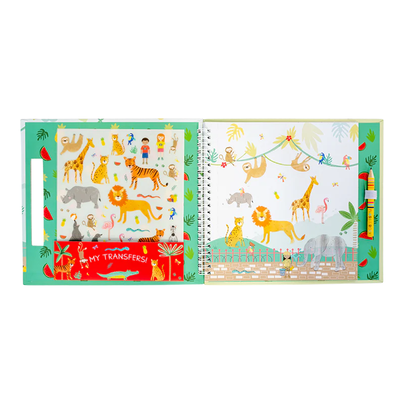 Transfer Fun | Jungle spiral book open with colorful jungle animal transfers and scenes, pencil included for creative play.