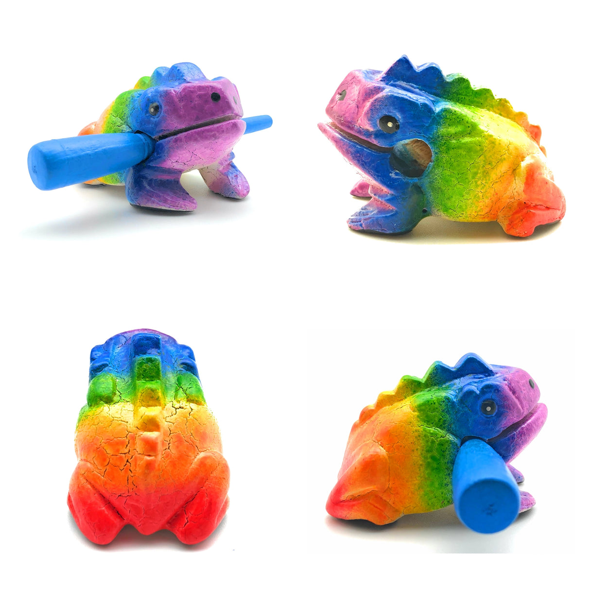 Wooden Croaking Frog 1.5in Rainbow percussion toy painted in vibrant rainbow colors with blue striker on white background.
