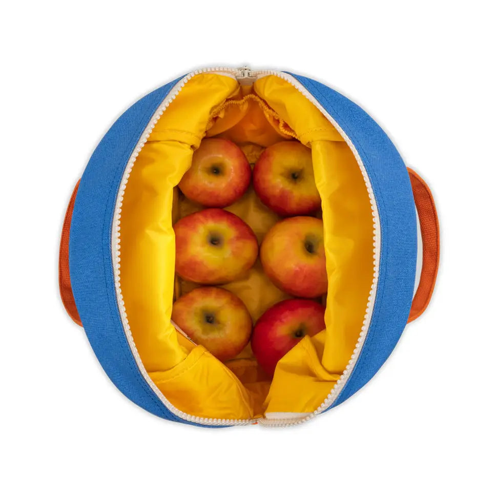 Open blue and yellow zipper lunch bag showing six red apples inside on white background