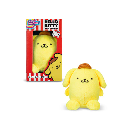 Hello Kitty & Friends Micro Teenies Plush featuring yellow Pompompurin character with brown hat in packaging and out of box.