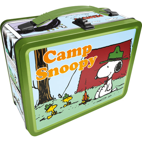 Beagle Scouts Tin Fun Box featuring Camp Snoopy camping scene with Snoopy and Woodstock in green tin lunchbox.