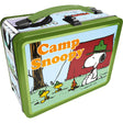 Beagle Scouts Tin Fun Box featuring Camp Snoopy camping scene with Snoopy and Woodstock in green tin lunchbox.