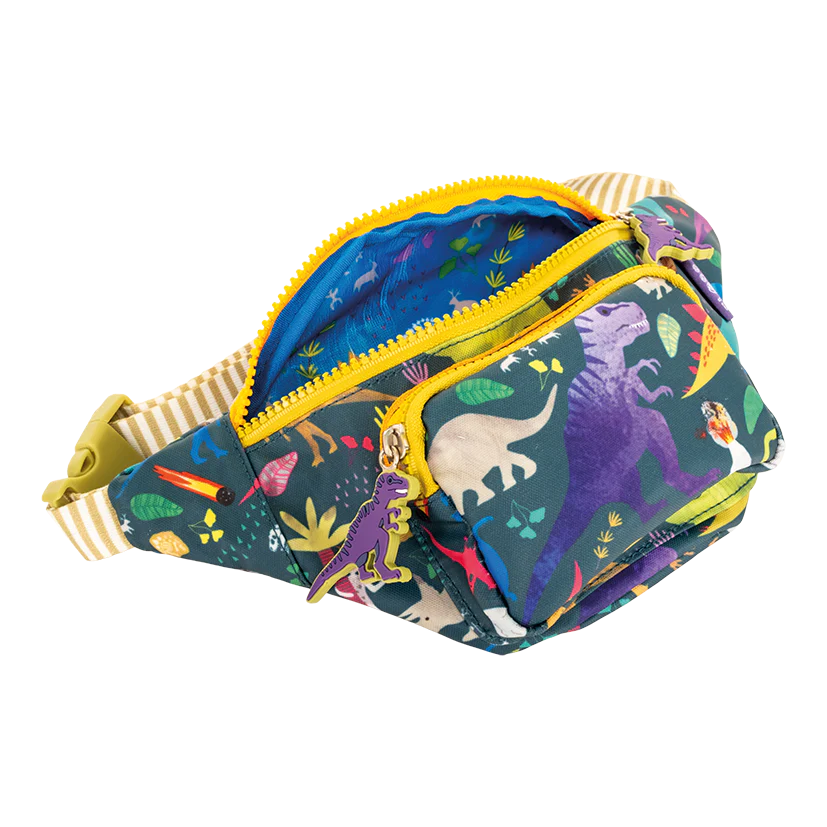 Belt Bag | Dino with dinosaur print, chunky dino zip pulls, striped adjustable strap, and multiple compartments for kids.