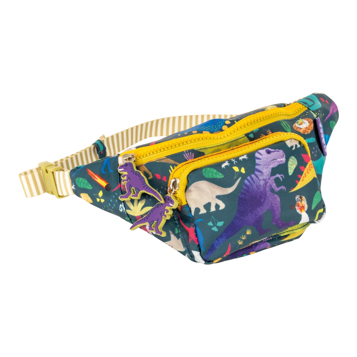 Belt Bag | Dino with colorful dinosaur print, two zip compartments, chunky dino zip pulls, and adjustable striped strap.