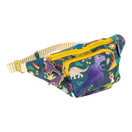 Belt Bag | Dino with colorful dinosaur print, two zip compartments, chunky dino zip pulls, and adjustable striped strap.