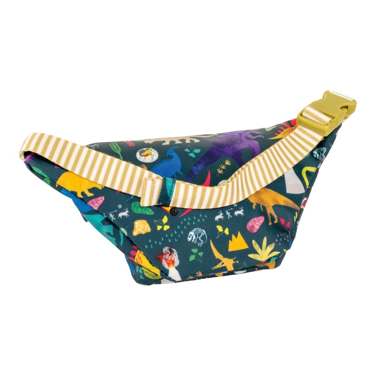 Belt Bag | Dino with colorful dinosaur print, adjustable striped strap, and chunky dinosaur-shaped zip pulls.
