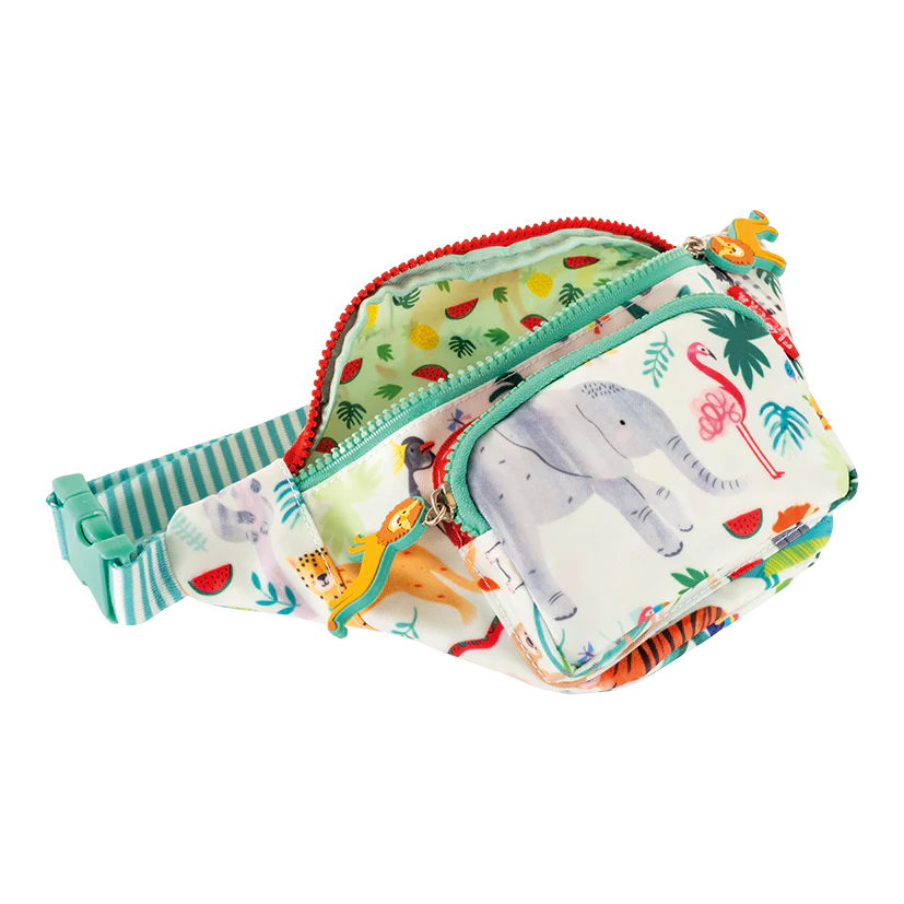 Belt Bag | Jungle with elephant print, lion-shaped zipper pulls, striped adjustable strap, and inner jungle pattern lining.