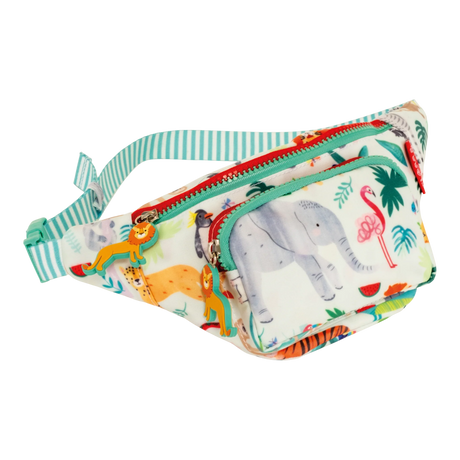 Belt Bag | Jungle with adjustable striped strap, two compartments, lion-shaped zip pulls, and colorful jungle animal print.