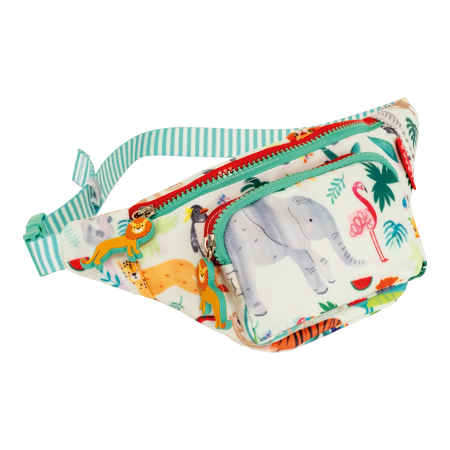 Belt Bag | Jungle with adjustable striped strap, two compartments, lion-shaped zip pulls, and colorful jungle animal print.