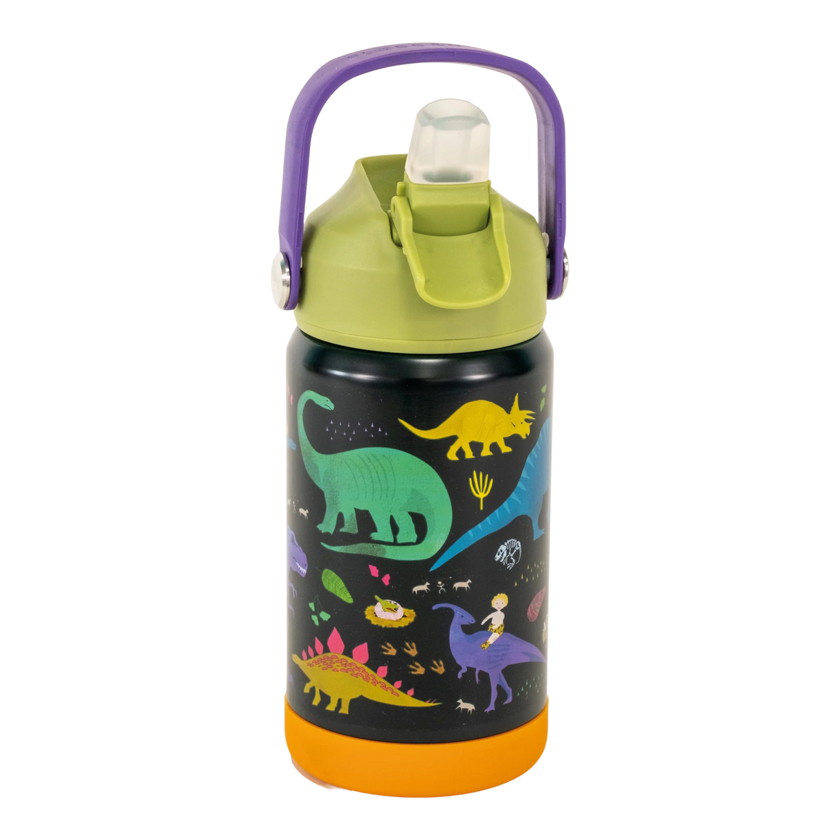 Drinks Bottle | Dino stainless steel with retractable spout, colorful dinosaur design, vacuum insulated, and carry handle.