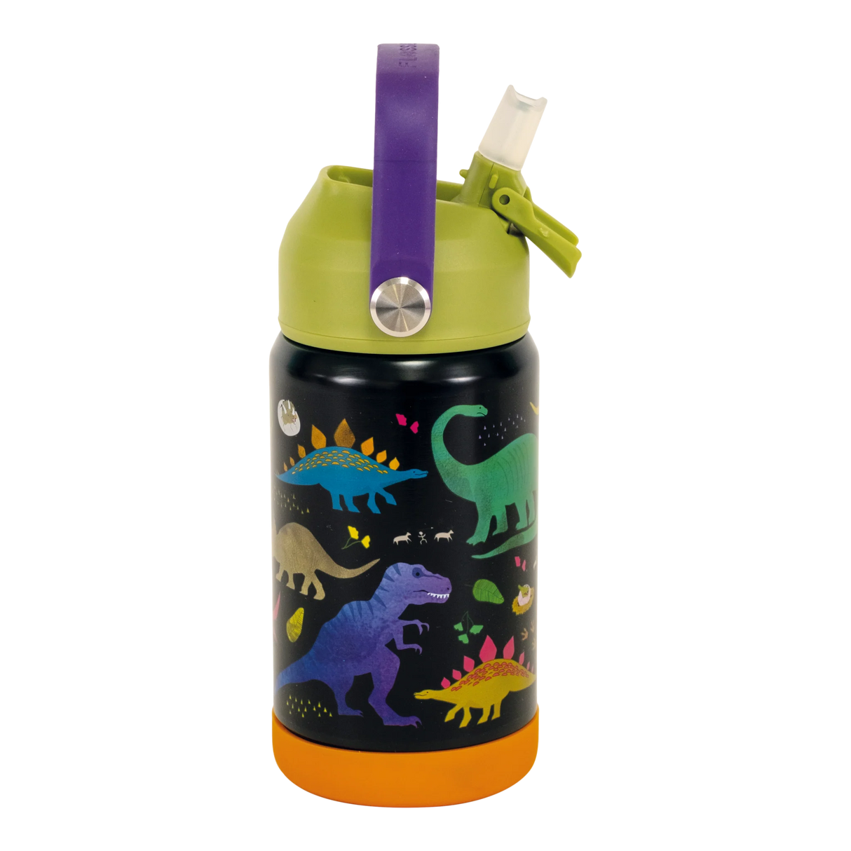 Drinks Bottle | Dino with retractable spout, carry handle, stainless steel, vacuum insulated, featuring colorful dinosaur design.