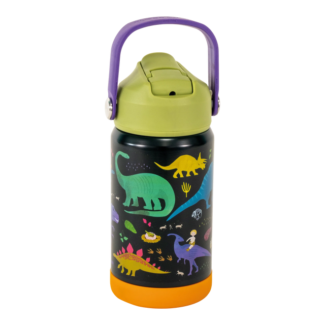 Drinks Bottle | Dino featuring colorful dinosaur design, stainless steel, leak-proof, vacuum insulated with retractable spout and carry handle.
