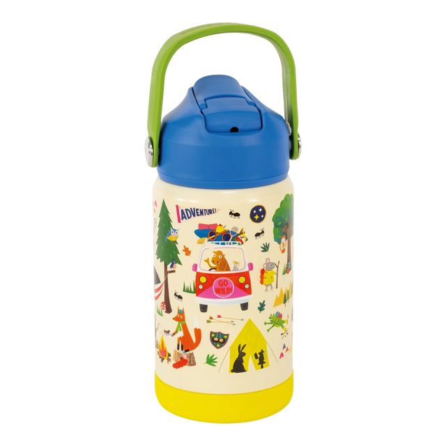 Drinks Bottle | Adventure with retractable spout, carry handle, vacuum insulated stainless steel in colorful animal and camping design.