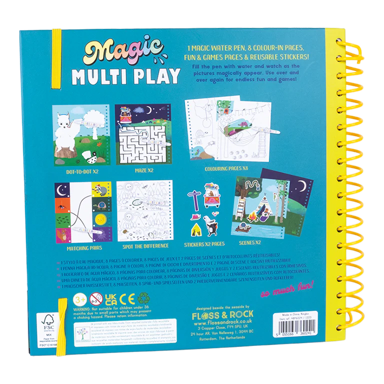 Magic Multi Play | Adventure reusable activity book with coloring, dot-to-dot, mazes, stickers, and play scenes for travel fun.