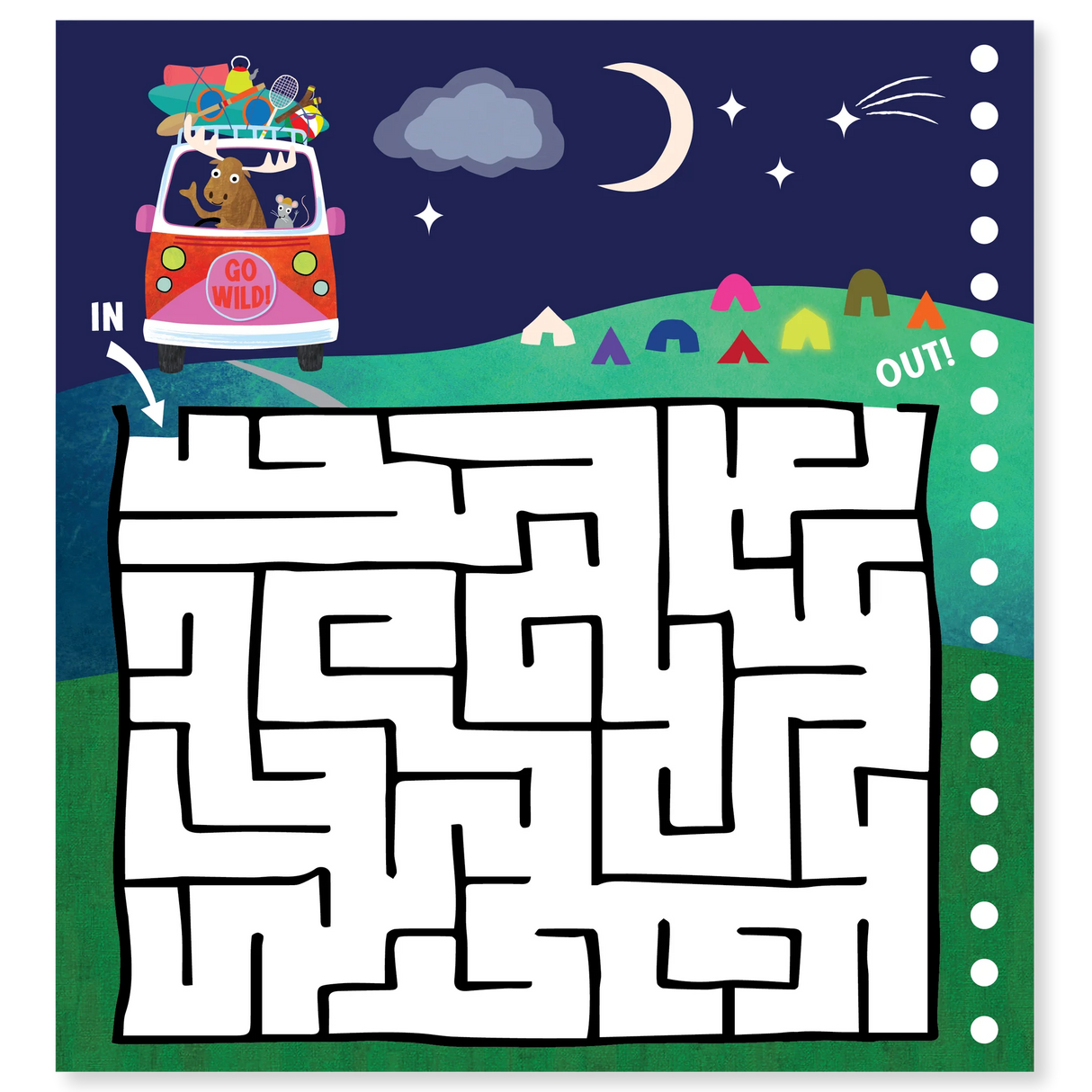 Magic Multi Play | Adventure showing a night-time maze activity with a van and tents under the moon and stars.