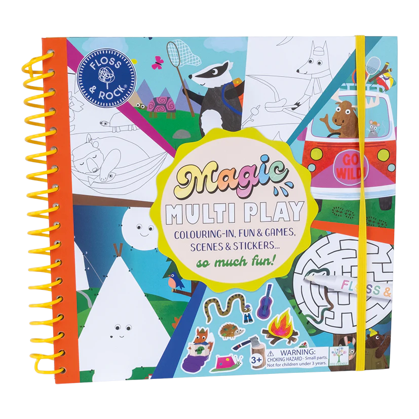 Magic Multi Play | Adventure reusable activity book with color-in, dot-to-dot, mazes, stickers, and scenes for kids.