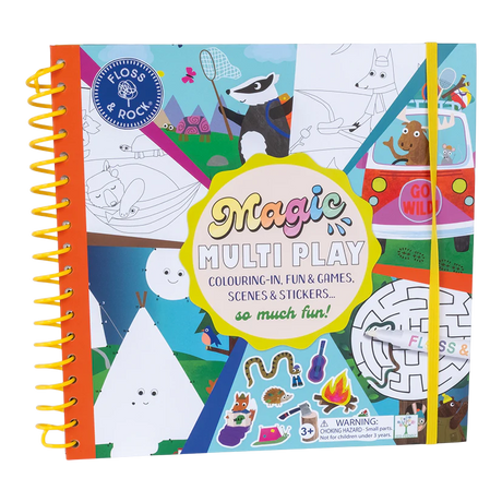 Magic Multi Play | Adventure reusable activity book with color-in, dot-to-dot, mazes, stickers, and scenes for kids.
