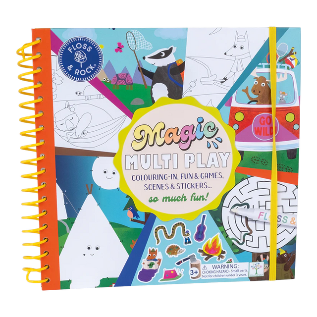 Magic Multi Play | Adventure reusable activity book with color-in, dot-to-dot, mazes, stickers, and scenes for kids.