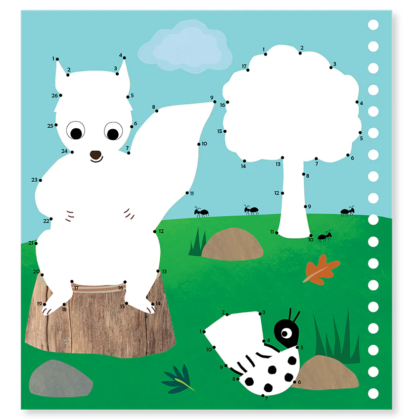 Magic Multi Play | Adventure connect the dots activity page featuring a squirrel and butterfly outdoors scene.