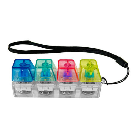 Keybored Fidget mechanical keyboard keys in blue, green, red, and yellow with LED lights on a black wrist strap.