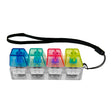 Keybored Fidget mechanical keyboard keys in blue, green, red, and yellow with LED lights on a black wrist strap.