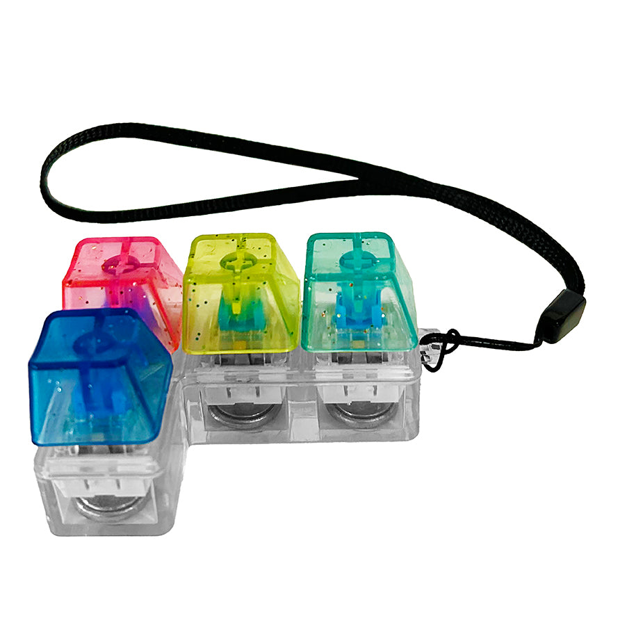 Keybored Fidget LED light-up mechanical keyboard toy with colorful tactile keys and a black strap for portability.