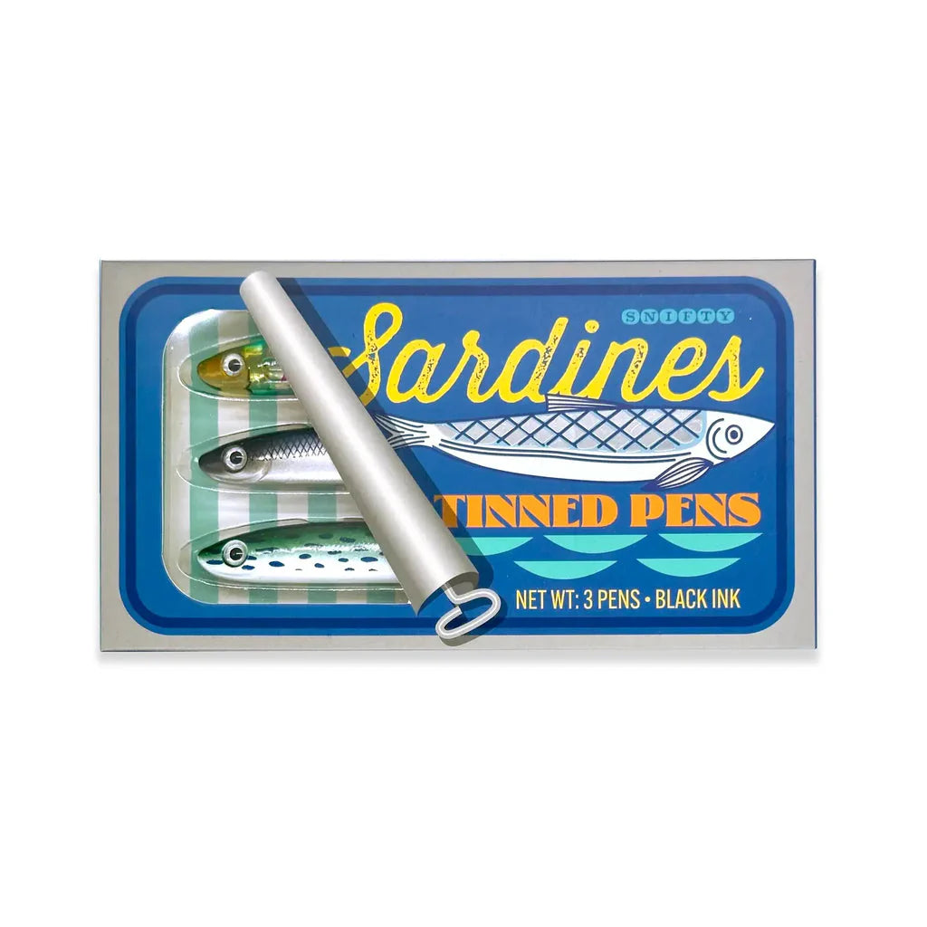 Box of three black ink pens designed to look like sardines in an open tin can with a blue label.