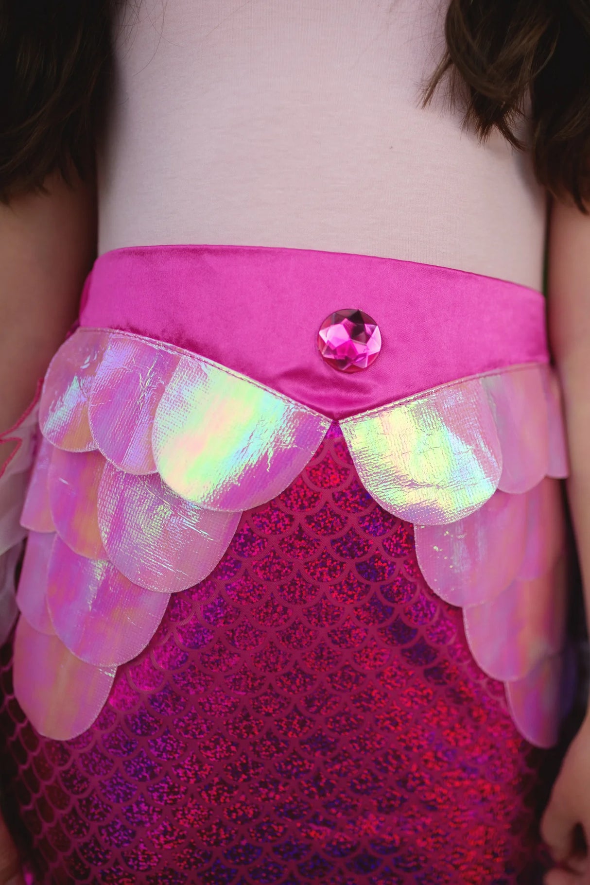 Mermaid Glimmer Skirt Set with Headband | Pink skirt with iridescent scales and pink gem detail at the waistband