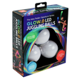 Glow.0 LED Juggling Balls package showing three white LED juggling balls with colorful branding and features.