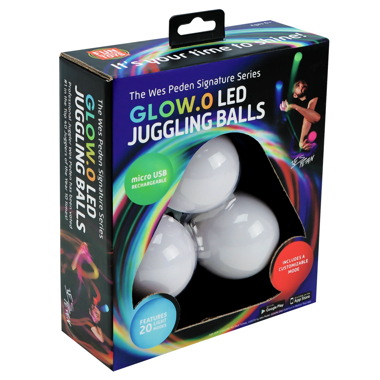 Glow.0 LED Juggling Balls package showing three white LED juggling balls with colorful branding and features.